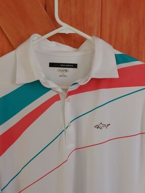 Greg Norman Collection White Polo with Teal and Coral Stripes